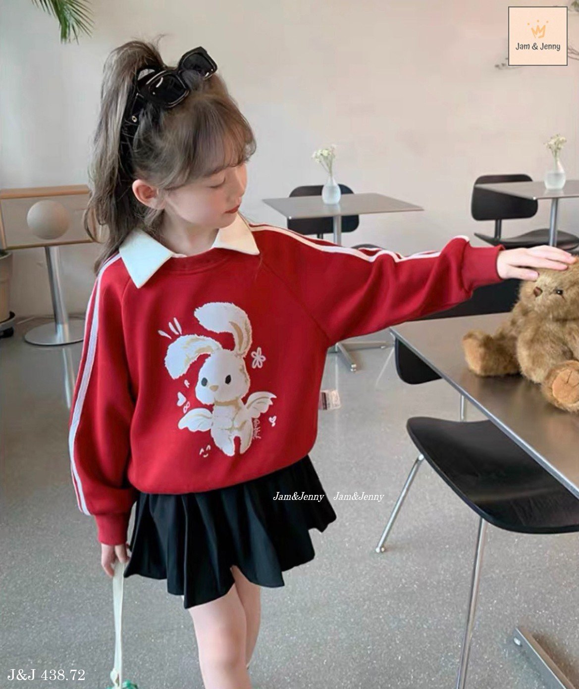 Set Jam&Jenny áo nỉ polo đỏ hình thỏ - chân váy xếp li liền quần đen size 2 - 12y