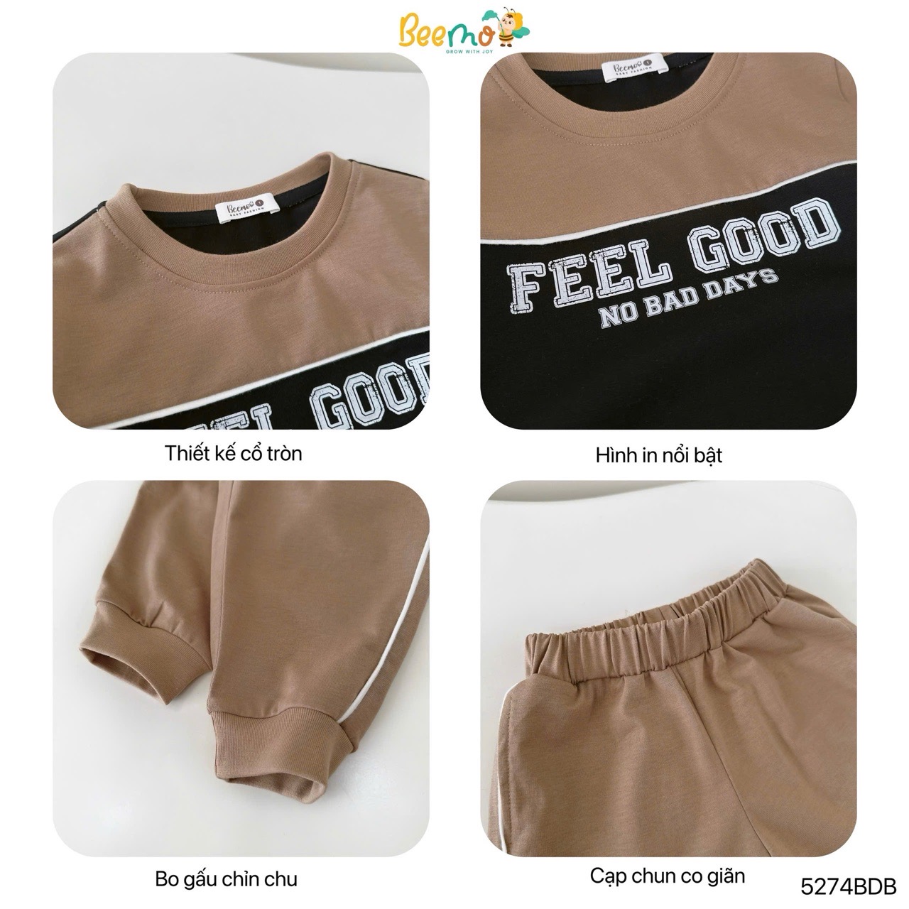 Bộ cotton dài tay phối chữ Beemo 2 màu nâu/xanh bé trai size 1-6y