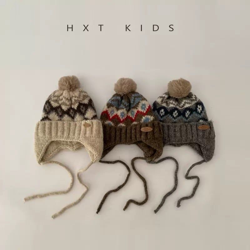 Mũ len chùm tai cục bông họa tiết thổ cẩm cho bé size 47-52cm