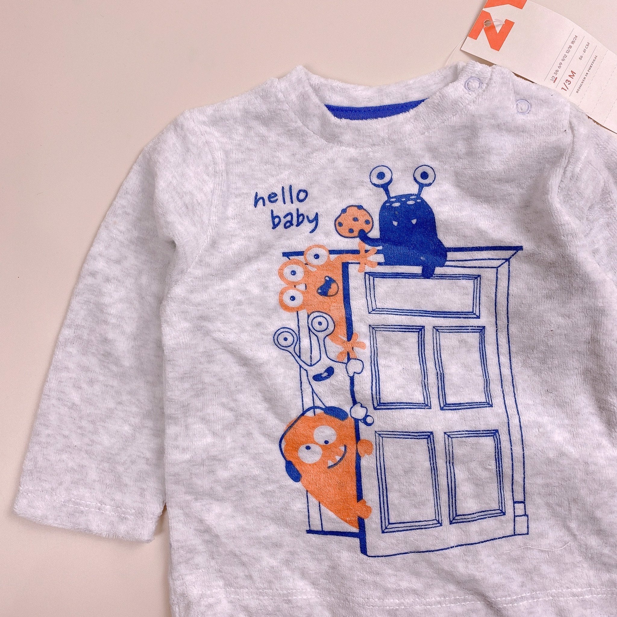 Bộ băng lông ZY Baby áo ghi Monter Hello Baby - quần xanh