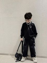 Bộ nỉ hai da trơn màu viền sọc cho bé trai ghi/đen size 17-45kg