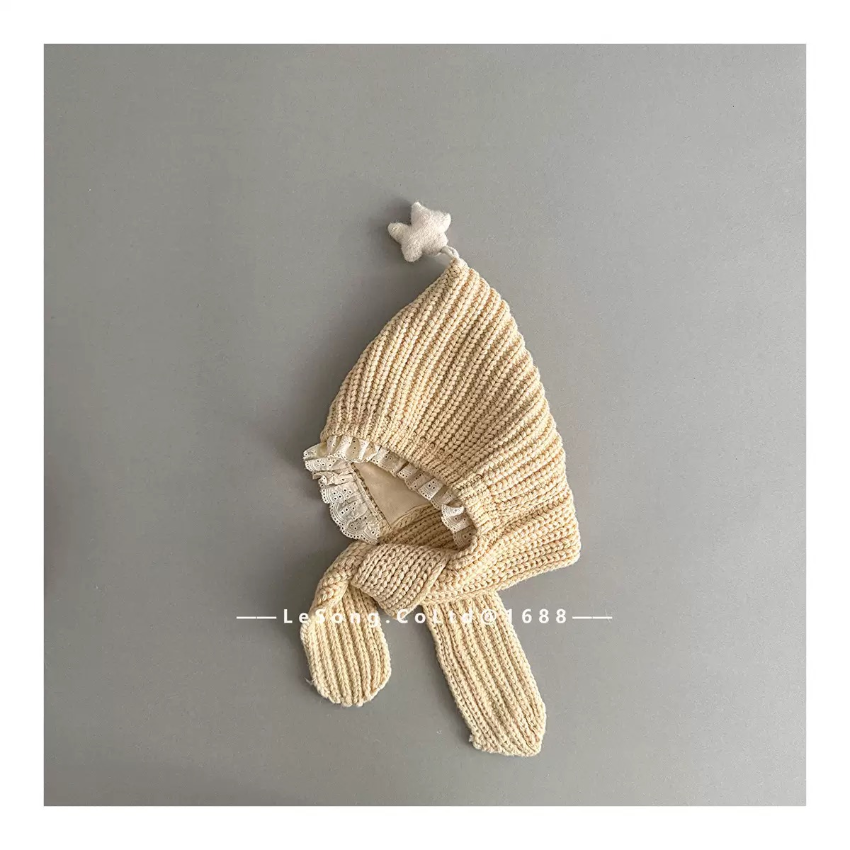 Mũ len chóp đính ngôi sao viền bèo liền khăn nhiều màu cho bé size 2-5y