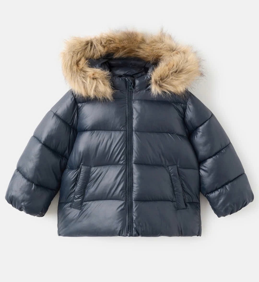 Áo khoác phao lông vũ MNG màu xanh tím than mũ lông size 1-6y