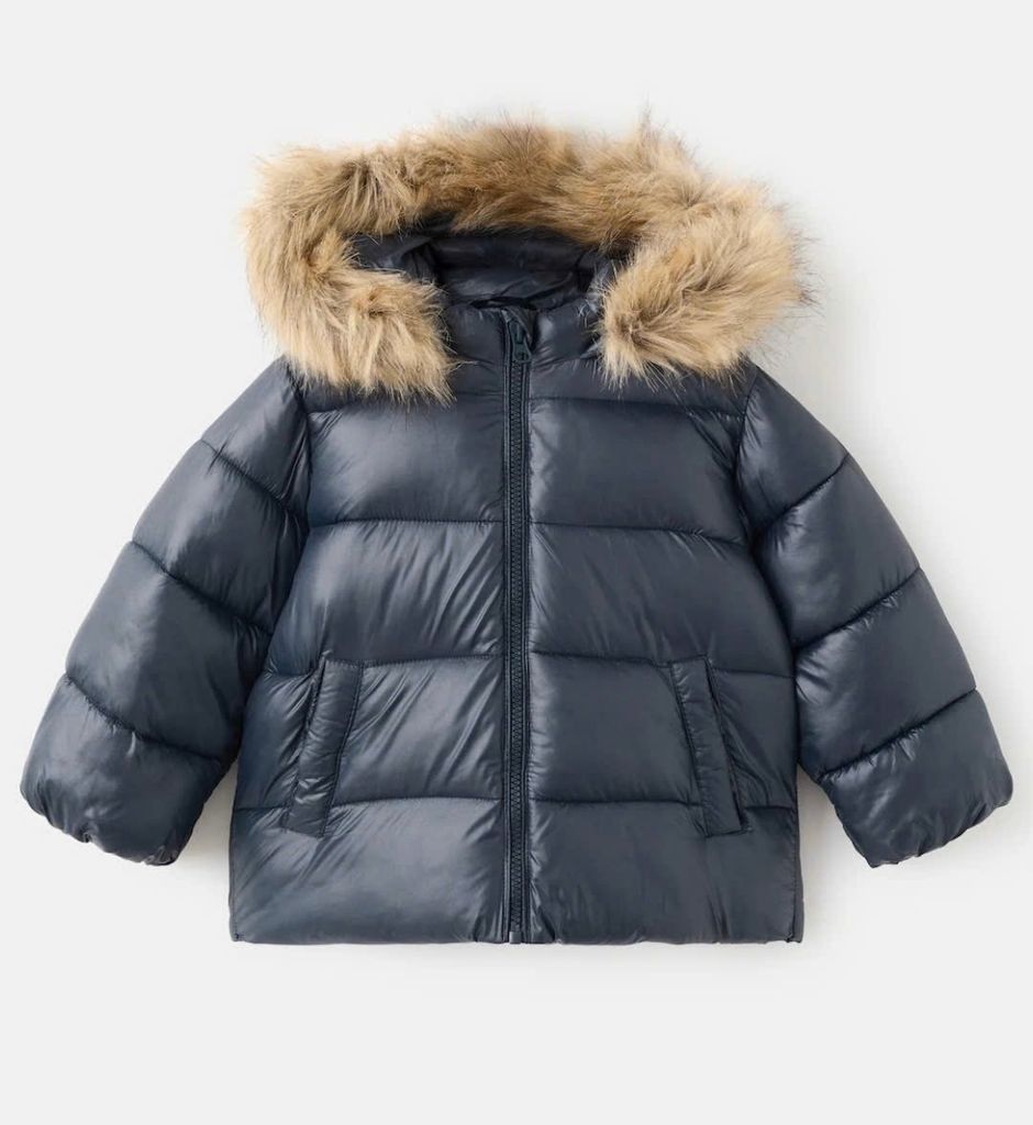 Áo khoác phao lông vũ MNG màu xanh tím than mũ lông size 1-6y