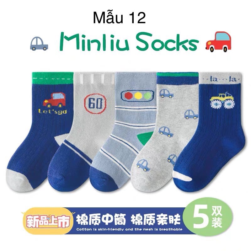 Set 5 tất Minliu Kids Socks nhiều hình Bé Trai size S - XL ( 2 - 12y )
