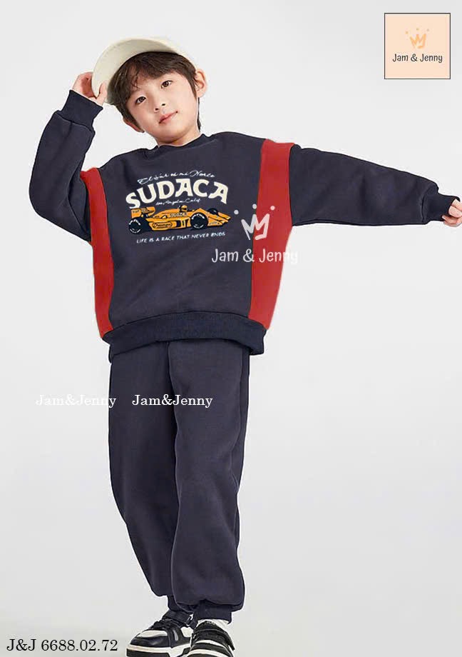 JJ 6688 - Bộ nỉ hai da Jam & Jenny phối sọc hình ô tô xanh than size 2-12y