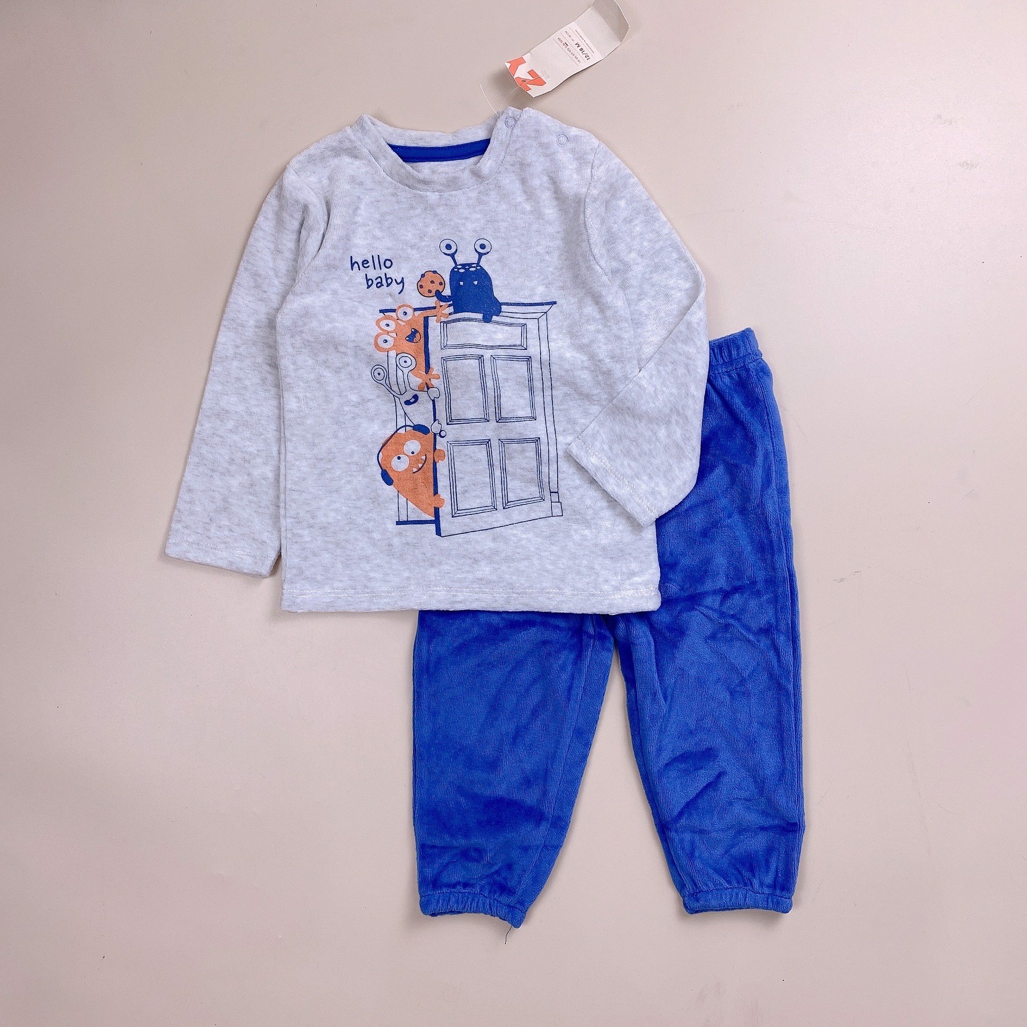 Bộ băng lông ZY Baby áo ghi Monter Hello Baby - quần xanh