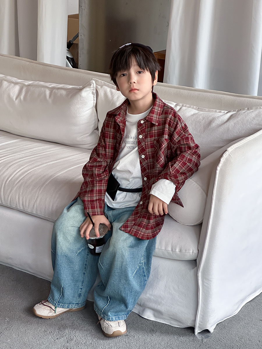 25F136 - Áo sơ mi AMBB vải dạ mềm kẻ nâu đỏ bé trai size 110-170