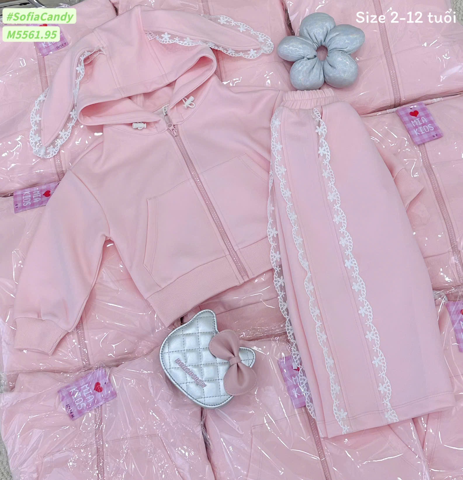 M5561 - Bộ Mia Kids nỉ hồng tai thỏ quần nỉ phối ren bé gái size 2-12y