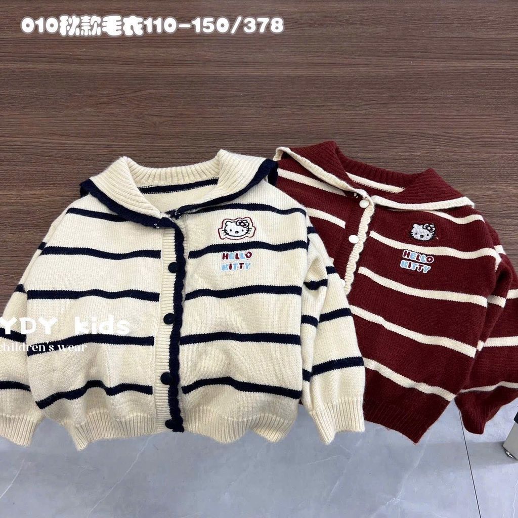 Cardigan len cổ bẻ QC kẻ kitty  2 màu đỏ/be size 110-150