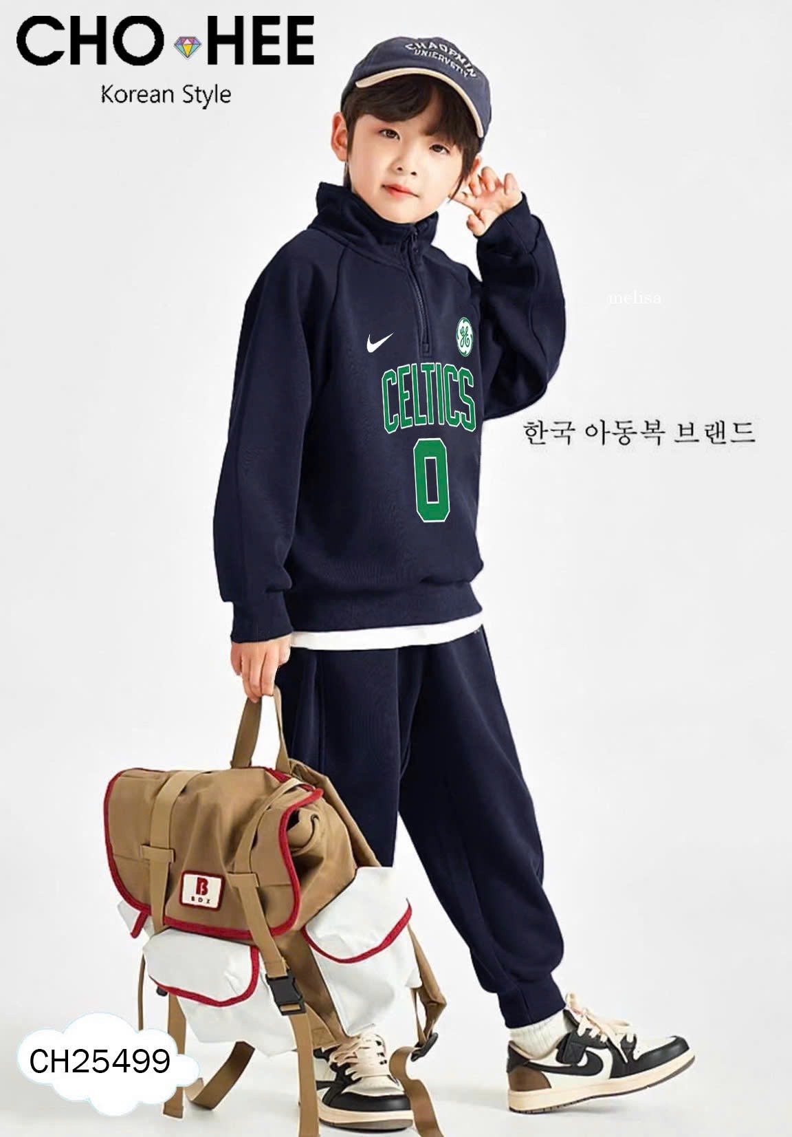 CH25499 - Bộ nỉ Chohee màu navy cổ trụ khóa bé trai size 3-12y
