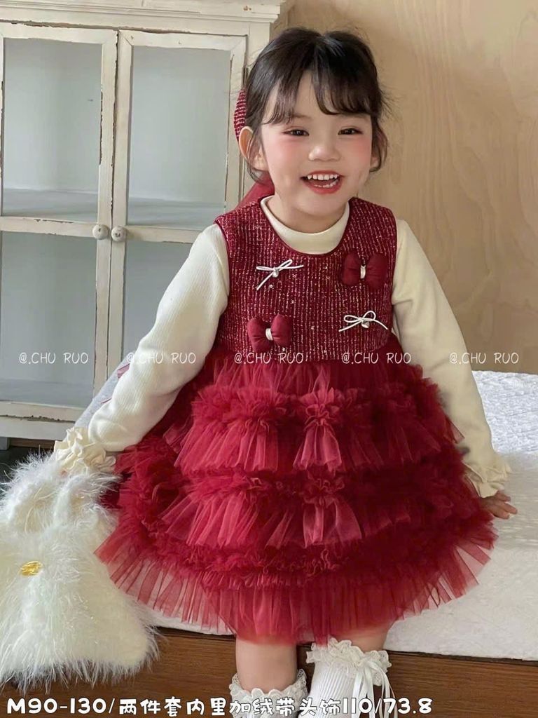 B25110 - Set áo len + váy dạ đính nơ màu đỏ chân váy tutu bé gái size 90-130