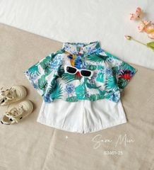 S3461 - Set bộ Sara Min áo đũi xanh hoa lá + quần kaki trắng bé trai size 2-12y