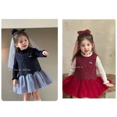 F25197 - Set 3ct QC Fanxiaoke áo len tăm + váy kèm kẹp nơ bé gái xanh/đỏ size 80-120