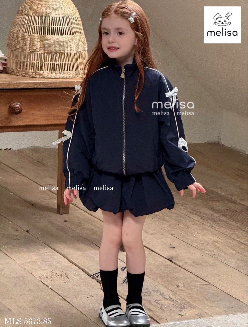 MLS 5673 - Bộ gió Melisa áo khoác navy nơ + chân váy liền quần size 2-12y