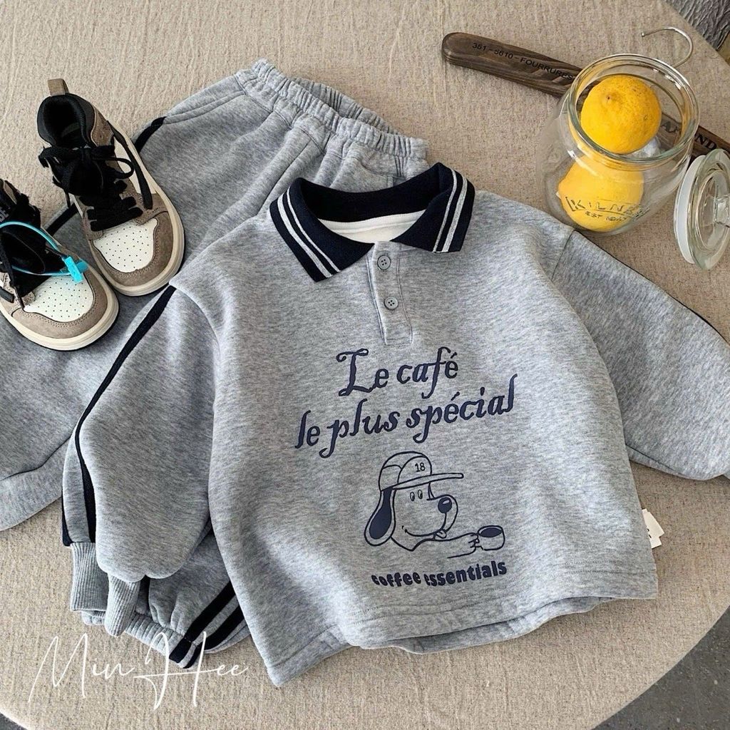 H0616 - Bộ nỉ polo màu ghi lót nỉ đại hàn cho bé size 90-130