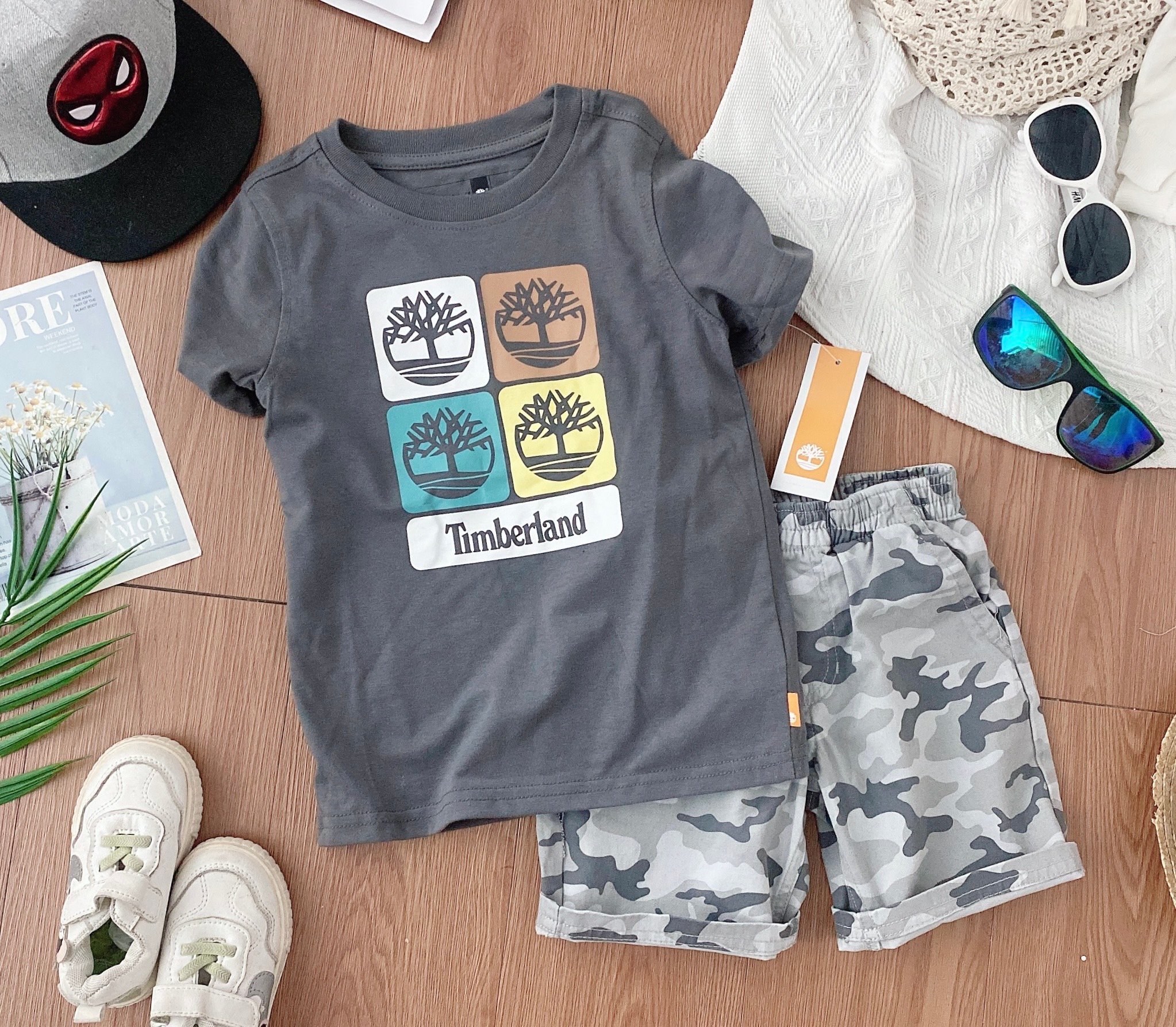 Bộ Timberland áo cotton - quần kaki nhiều hình BT size 3m - 7y