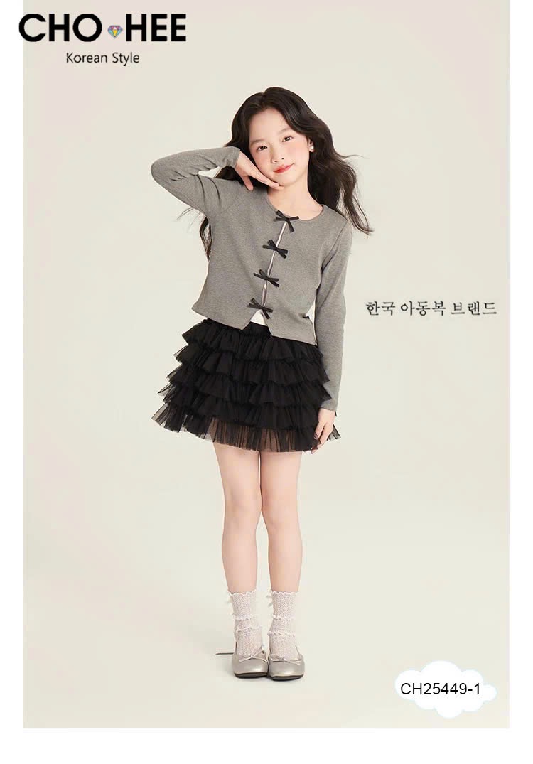 CH25449 - Bộ Cho Hee áo cotton đính nơ + chân váy tutu 2 màu bé gái size 2-11y