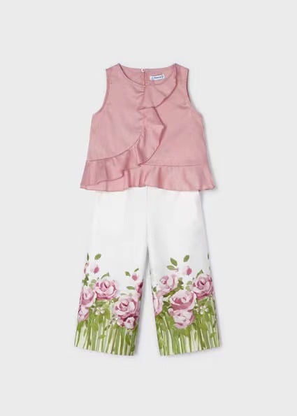 Bộ thô Mayoral áo sát nách vạt bèo chéo - quần culotte 2 màu hoa size 2 - 9y