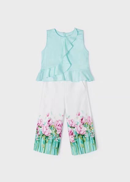 Bộ thô Mayoral áo sát nách vạt bèo chéo - quần culotte 2 màu hoa size 2 - 9y