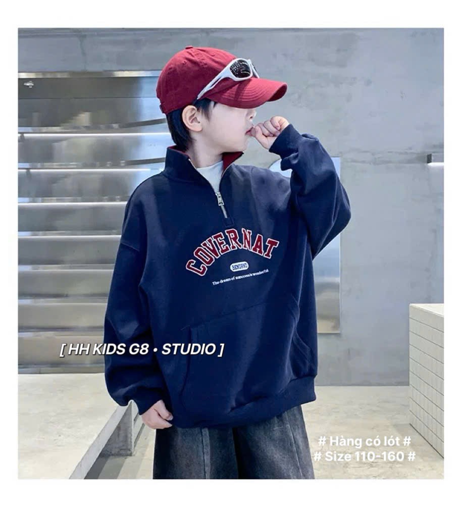 99616 - Áo nỉ cổ trụ Convena 2 màu đỏ/navy cho bé size 110-160