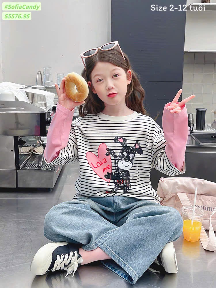 S5576 - Set Sofia Candy áo thun kẻ hình cún nối tay hồng - quần jean xanh size 2 - 12y