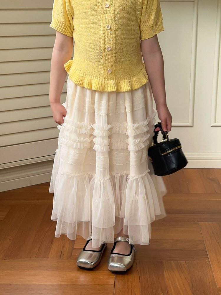 Chân váy ren dáng dài AMBB 2 màu kem/tím bé gái size 90-170