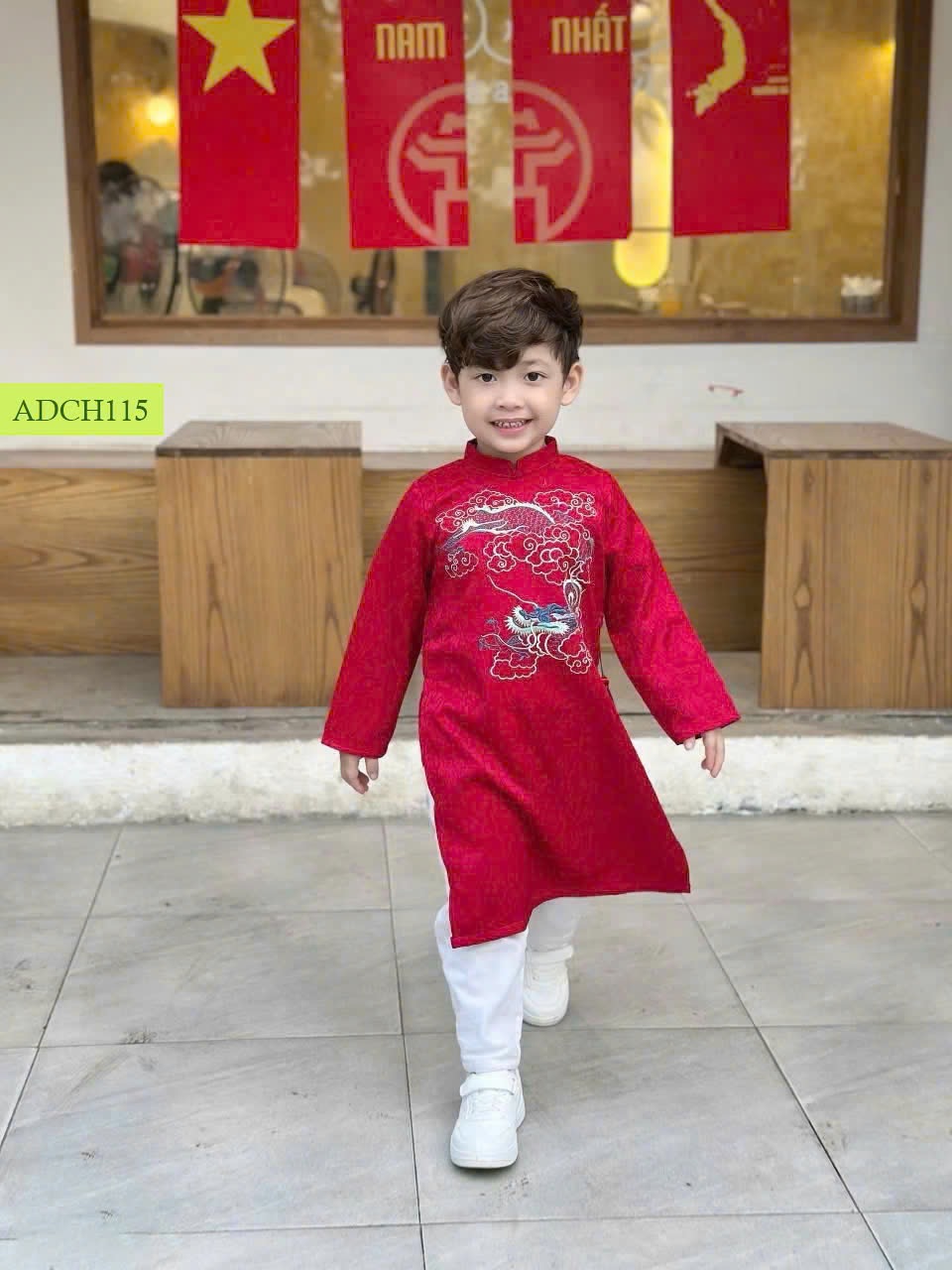 ADCH115 - Áo dài Chohee thêu họa tiết rồng cho bé trai 2 màu trắng/đỏ size 3-12y (không kèm quần)