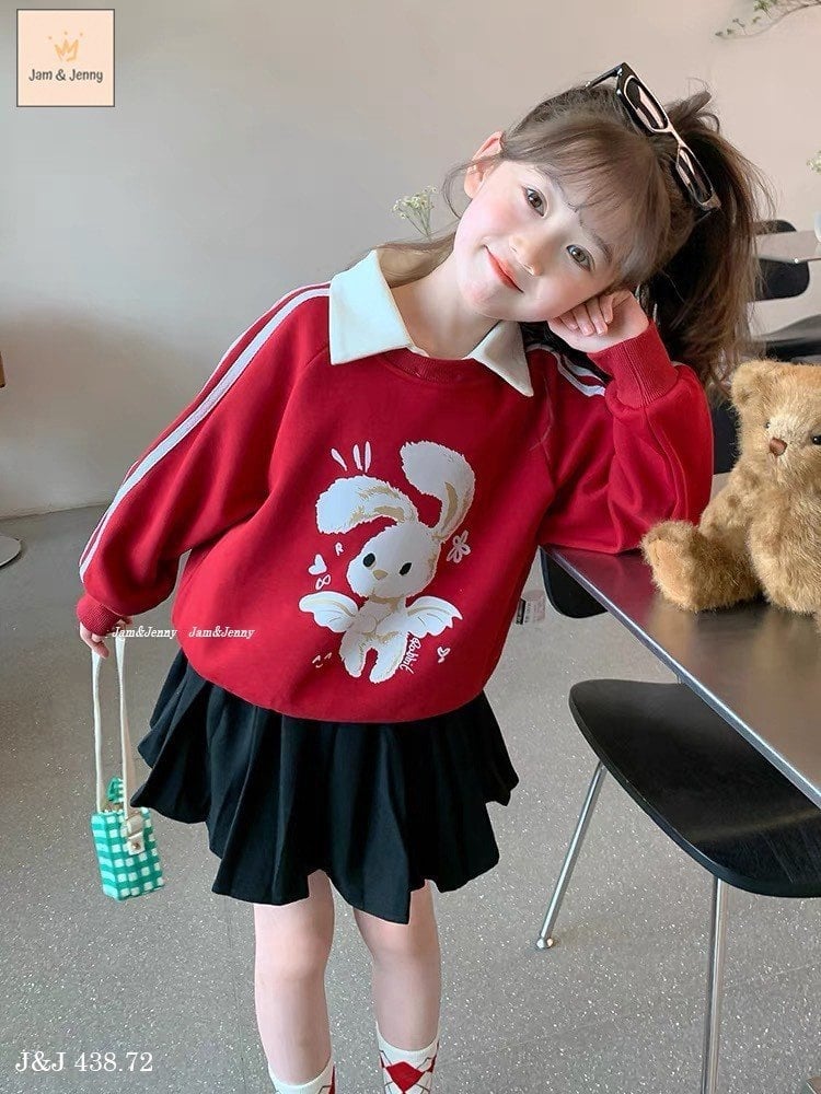 Set Jam&Jenny áo nỉ polo đỏ hình thỏ - chân váy xếp li liền quần đen size 2 - 12y
