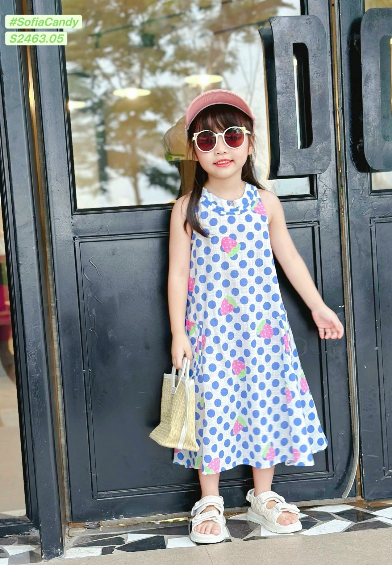 V00037 - Váy Sofia Candy thô đũi sát nách trắng chấm bi xanh dâu tây size 1 - 10y