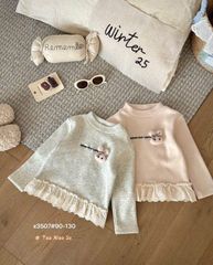 X3507 - Áo cổ 3p lót nỉ đính thỏ 2 màu ghi/be cho bé size 90-130