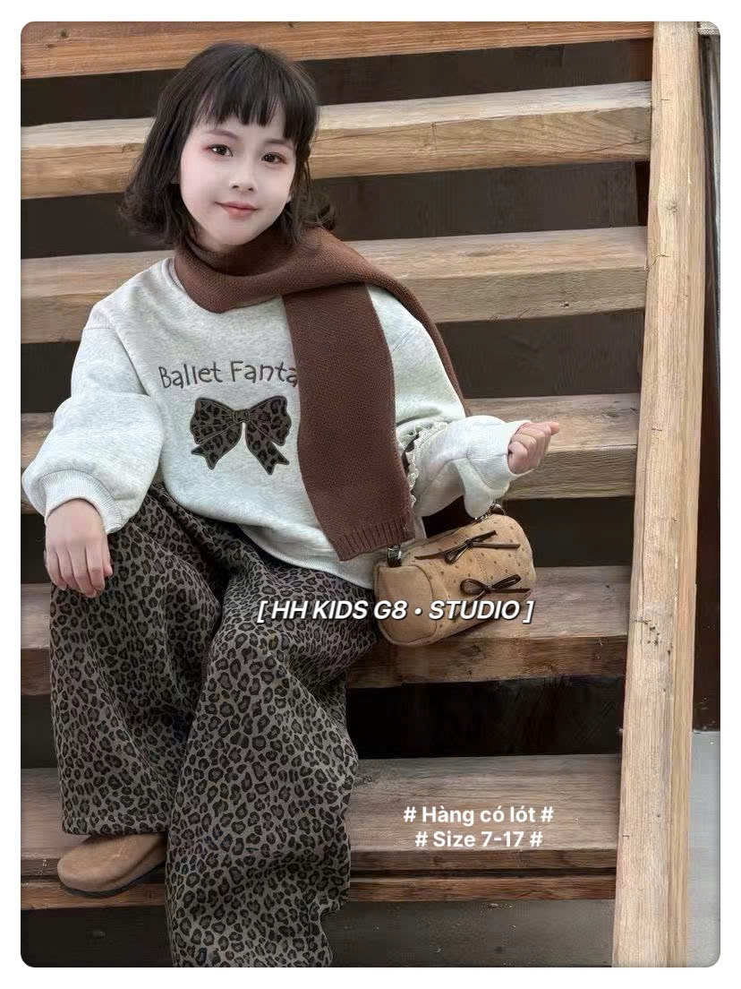 25398 - Set bộ QCCC lót nỉ đại hàn màu ghi phối da báo bé gái size 120-160