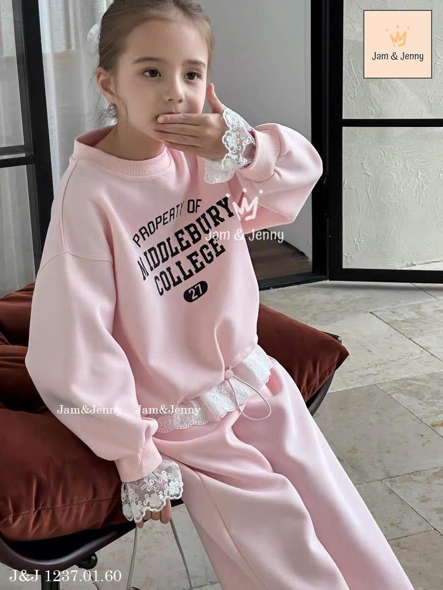 JJ 1237 - Bộ nỉ da cá mỏng Jam & Jenny 2 màu hồng/xanh bé gái size 2-12y