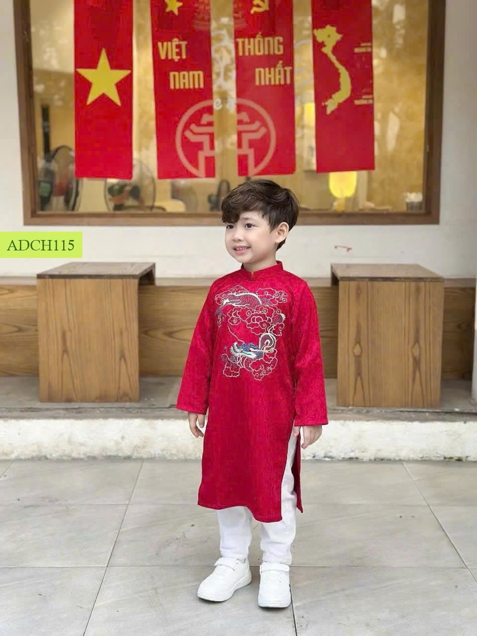 ADCH115 - Áo dài Chohee thêu họa tiết rồng cho bé trai 2 màu trắng/đỏ size 3-12y (không kèm quần)
