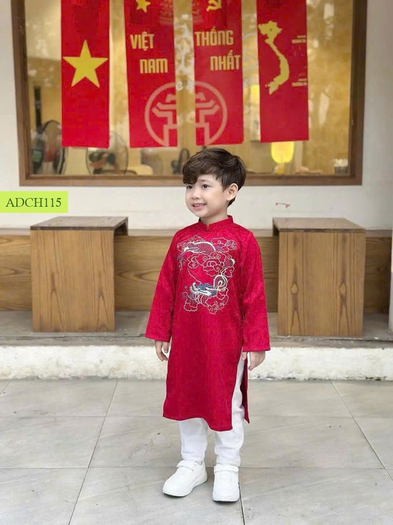 ADCH115 - Áo dài Chohee thêu họa tiết rồng cho bé trai 2 màu trắng/đỏ size 3-12y (không kèm quần)