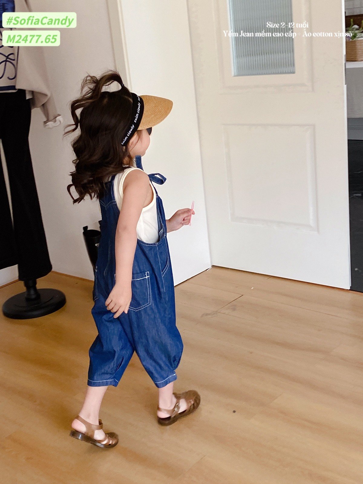 Set Mia Kids yếm xanh jeans phối áo ba lỗ trắng thun tăm size 1 - 10y