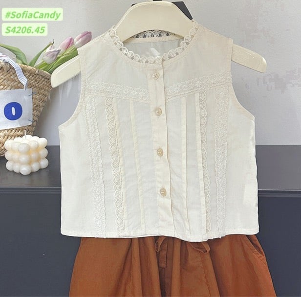 S4206 - Set bộ Sofia Candy áo thô trắng be phối quần nâu tây BG size 1-10y