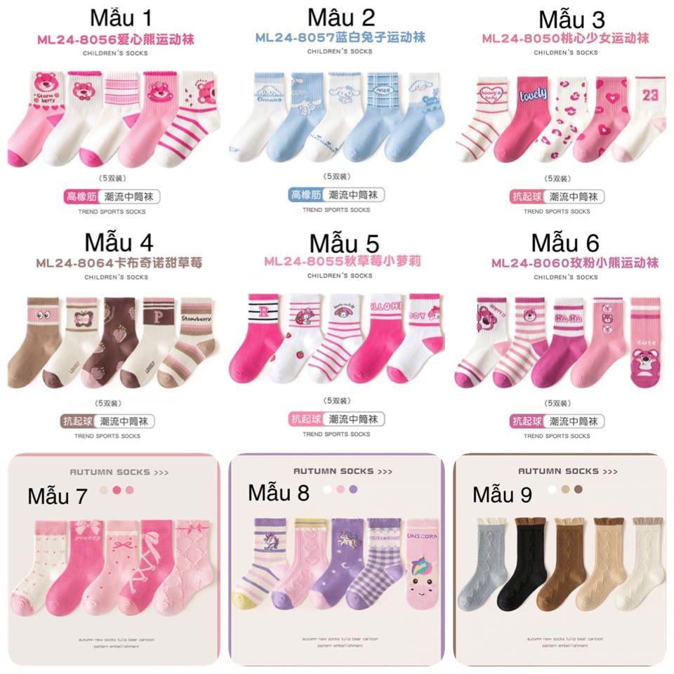 2024 - Set 5 tất Minliu Kids Socks nhiều hình Bé Gái size S - XL ( 2 - 15y )
