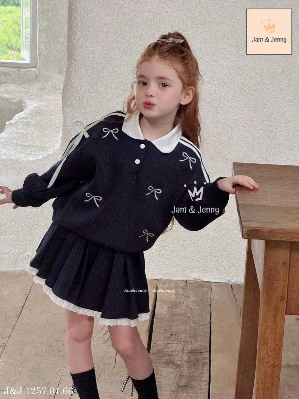 JJ 1257 - Set bộ nỉ da cá Jam & Jenny đính 1 bên nơ màu navy/ghi bé gái size 2-12y
