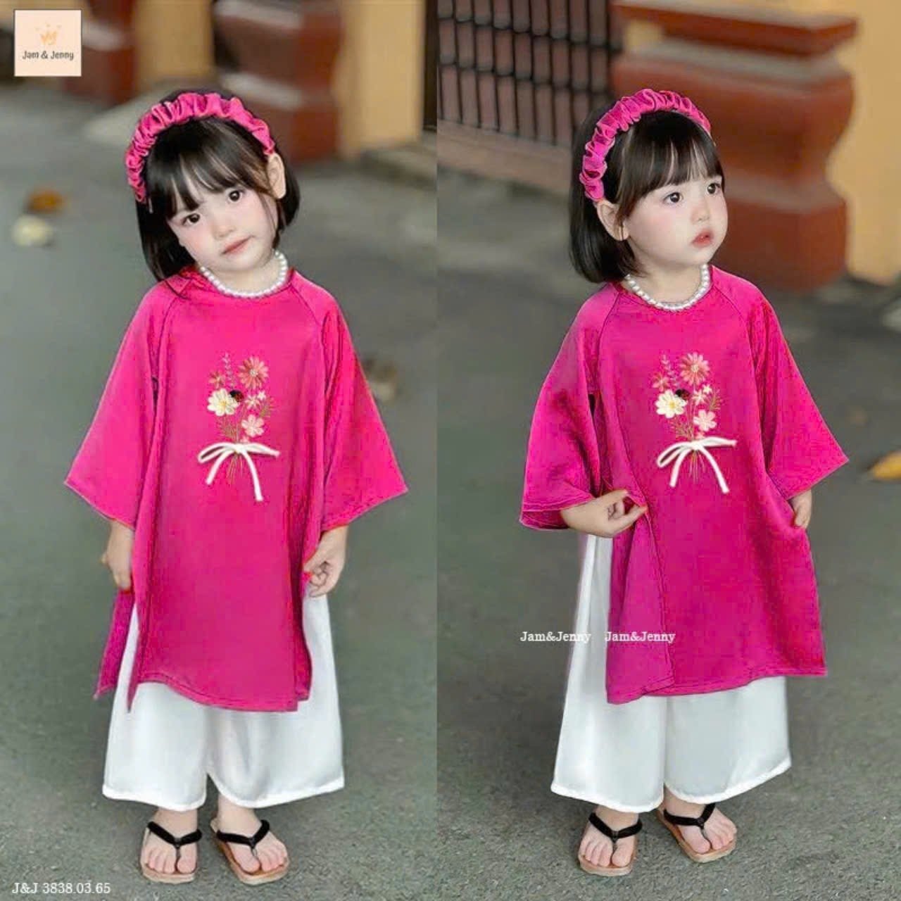 JJ 3838 - Set áo dài Jam & Jenny màu hồng thêu hoa bé gái size 2-12y
