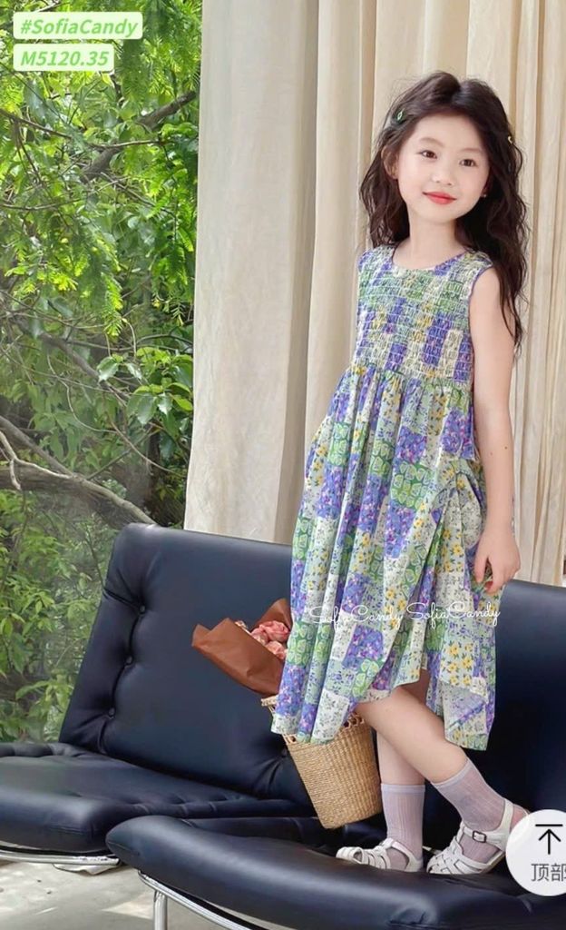 M5120 - Váy Mia Kids hoa tím xanh thêu smock cho bé gái size 1-10y