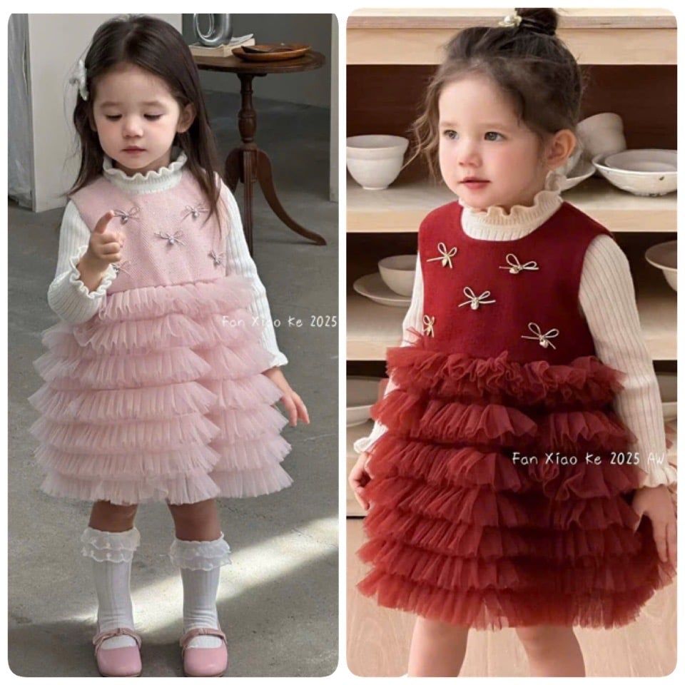 F25109 - Set 2ct QC Fanxiaoke váy đính nơ nhỏ + áo len tăm 2 màu đỏ/hồng size 80-120