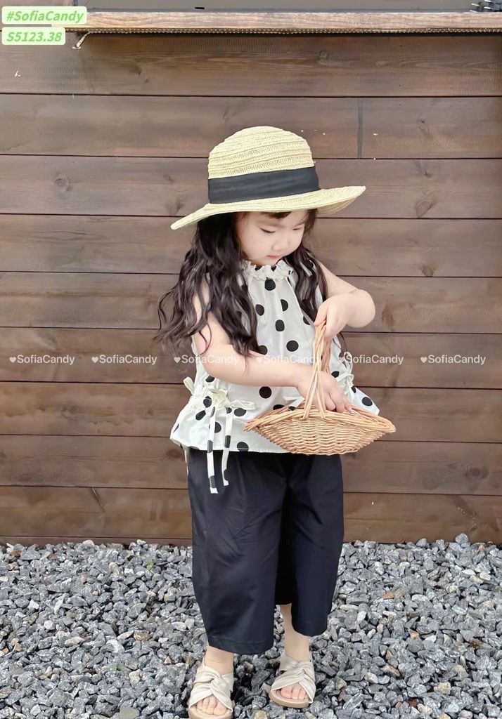 S5123 - Set bộ Sofia Candy áo chấm bi trắng đen + quần đen bé gái size 1-10y