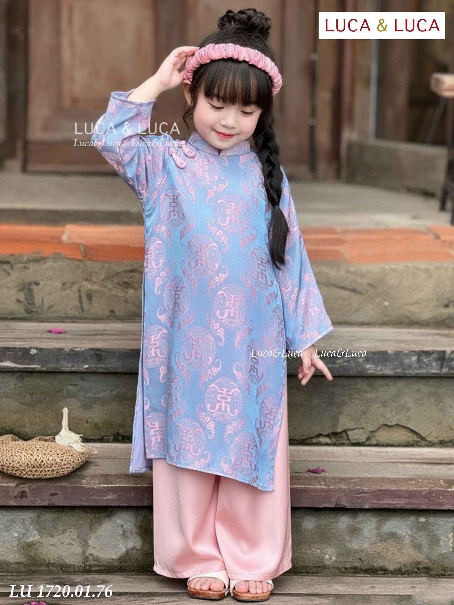 LU 1720 - Set áo dài LUCA gấm quần lụa 2 màu đỏ/xanh bé gái size 2-12y