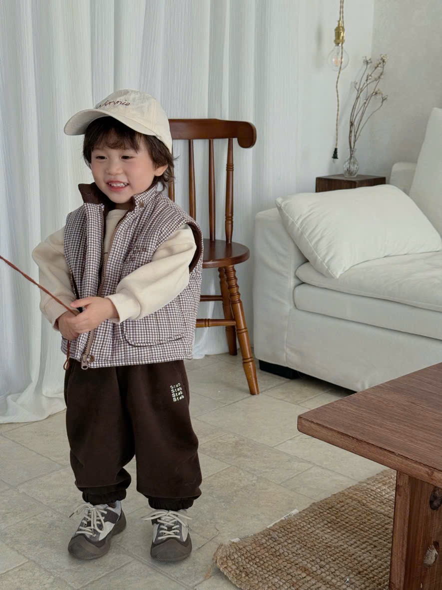 88208 - Set 3ct áo+quần+gile kẻ nâu nỉ lót nỉ tone nâu be cho bé trai size 90-130