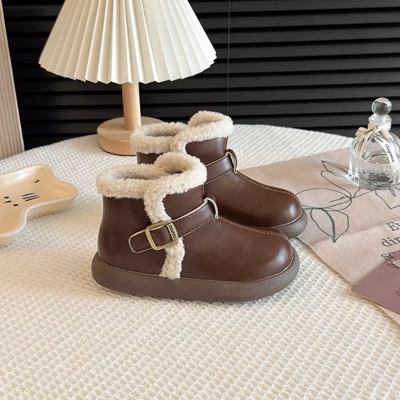 Bốt da cổ thấp viền lông 2 màu nâu/đen cho bé size 23-36