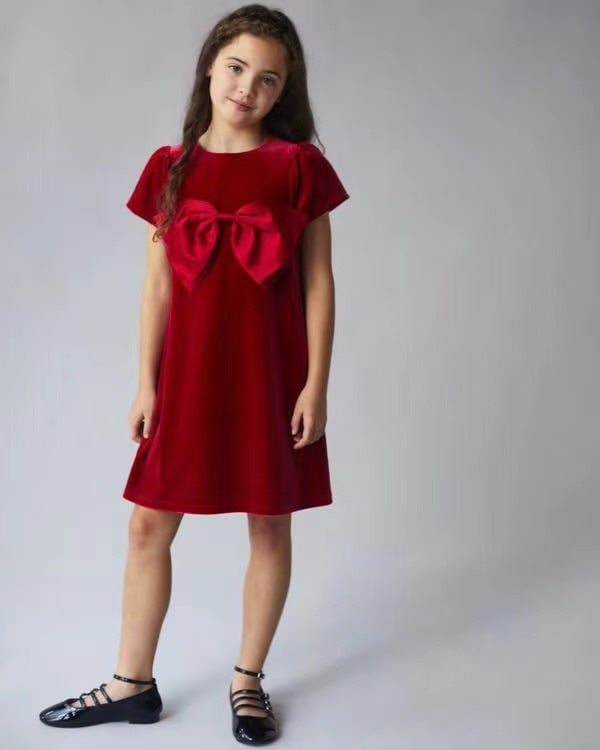 V00116 - Váy nhung đỏ đính nơ ngực size 5 - 11y