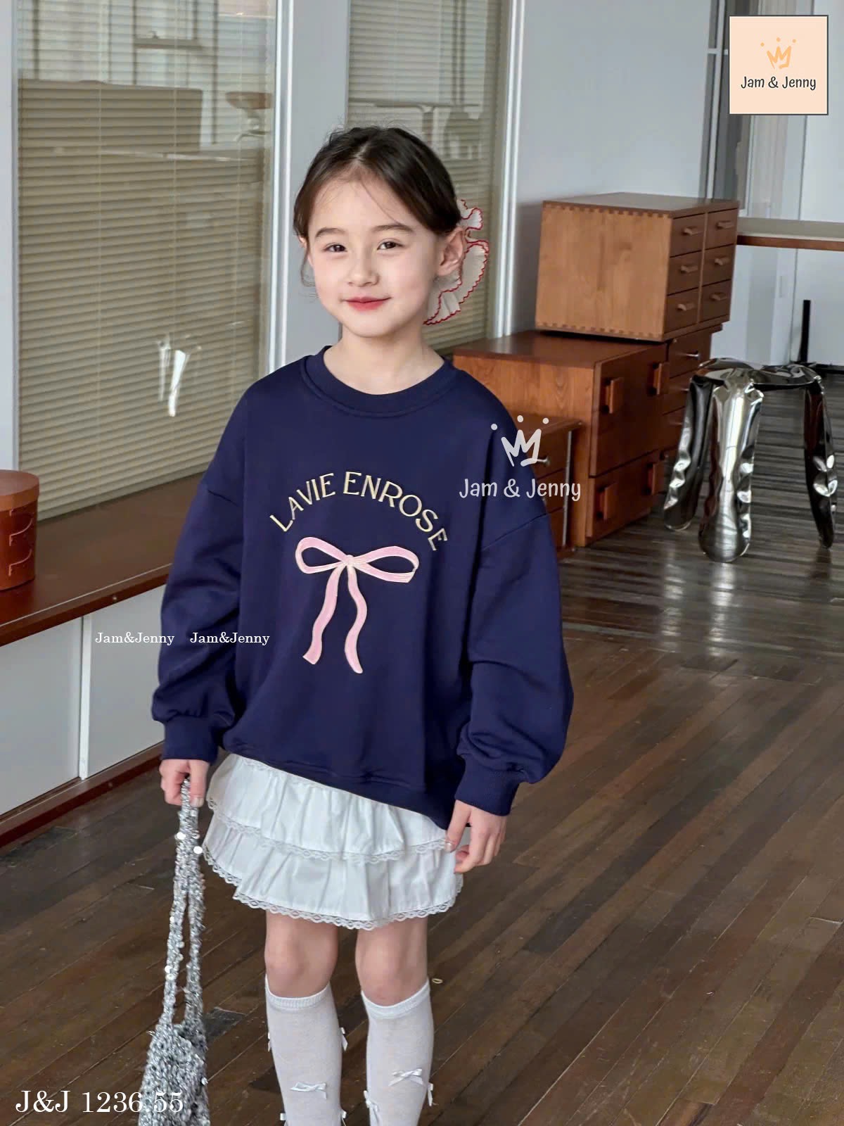 JJ 1236 - Set bộ Jam & Jenny áo nỉ da cá navy nơ + chân váy trắng size 2-12y