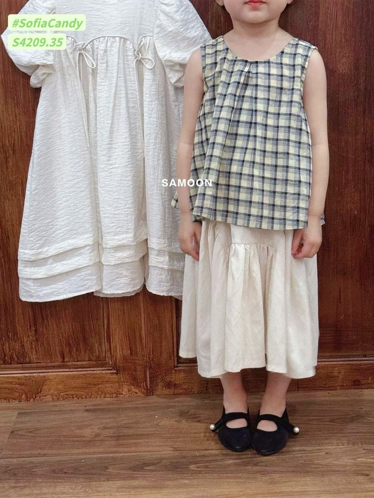 S4209 - Set bộ tiểu thư Sofia Candy áo kẻ sát nách phối chân váy trắng size 1-10y