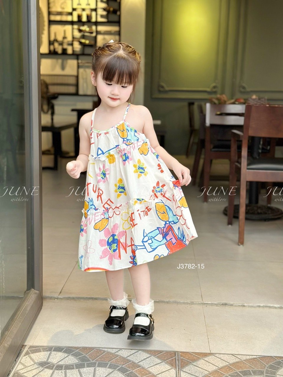 V00052 - Váy June with love vải thô mát 2 dây kèm kẹp tóc nhiều màu BG size 1-10y